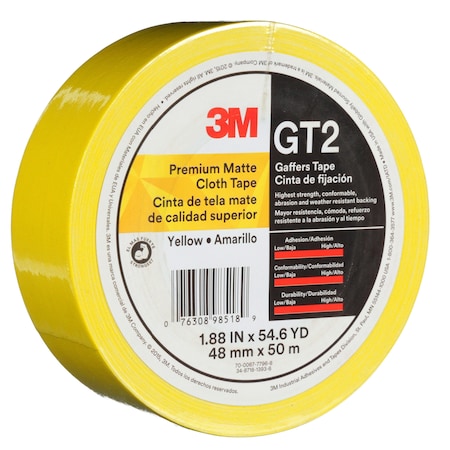 3M Premium Matte Cloth (Gaffers) Tape Gt2, Yellow, 48 Mm X 50 M, 11 Mil 7010336133